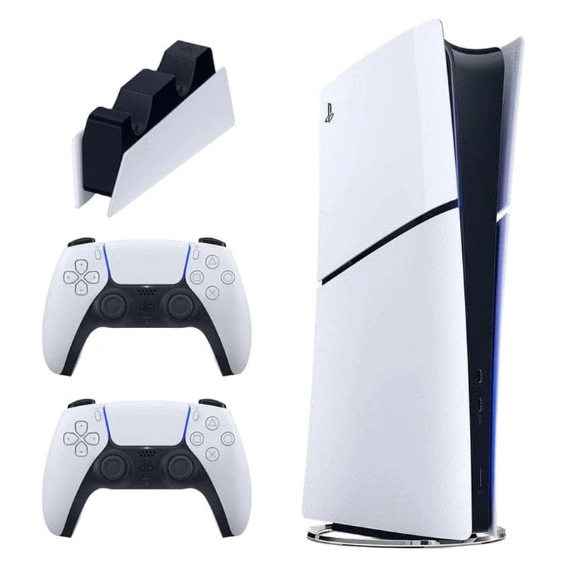 کنسول بازی سونی مدل PlayStation 5 Slim نسخه دیسک‌خور ریجن 2 اروپا سری 2016A ظرفیت حافظه داخلی 1 ترابایت - به همراه یک عدد کنترلر اضافه و پایه شارژر کنترلر از نمای ظاهری ویژه خرید اقساطی بازنشستگان تامین اجتماعی